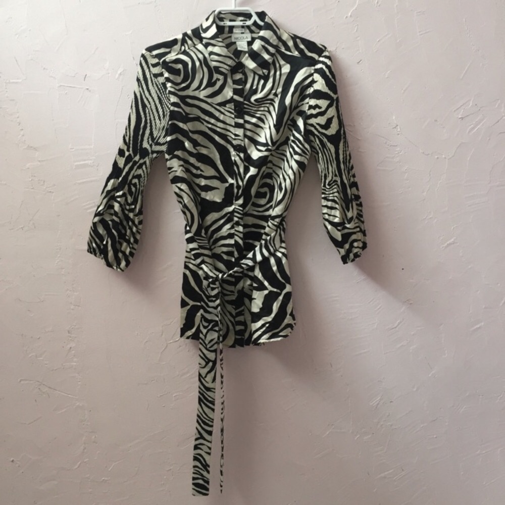 Nicola Italian Zebra Print Button Down Shirt Blouse Belt M